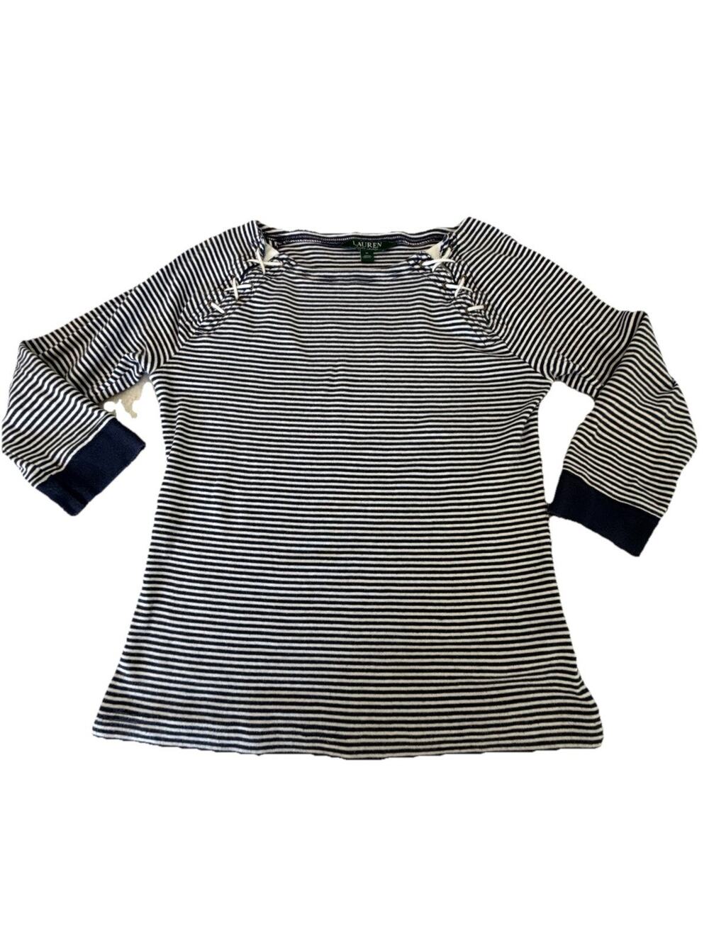 LAUREN RALPH LAUREN Navy Blue White Stripe Cotton Knit Laced Raglan Sleeve Top M